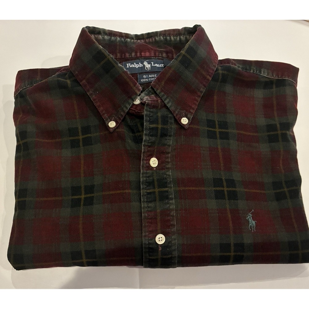 Vintage Ralph Lauren Blaire Corduroy Shirt L Burgundy Plaid 90s Pony Long Sleeve
